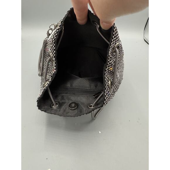 Black Rhinestone Evening Bag Crystal Drawstring Purse Crossbody Shoulder Clutch - Picture 4 of 6